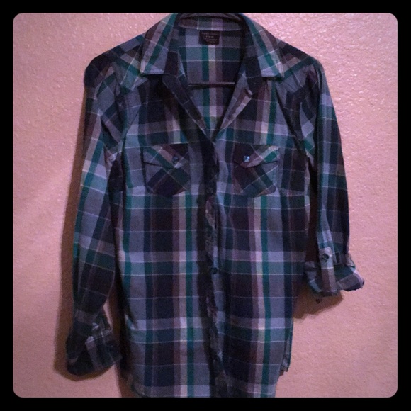 Blue/Green plaid Western shirt - Picture 1 of 5